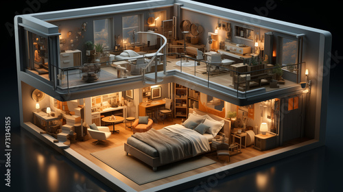 Isometric view of a master bedroom,residential area, 3d rendering