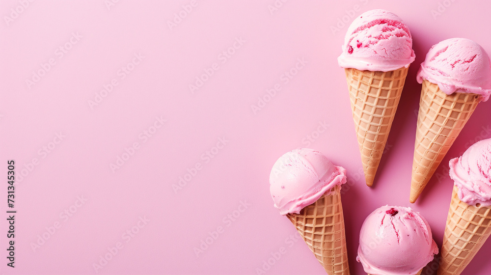 Beautiful, fruity icecream in a cone; colorful purple/pink background, summer colors Beautiful, fruity icecream in a cone; colorful purple/pink background, summer colors