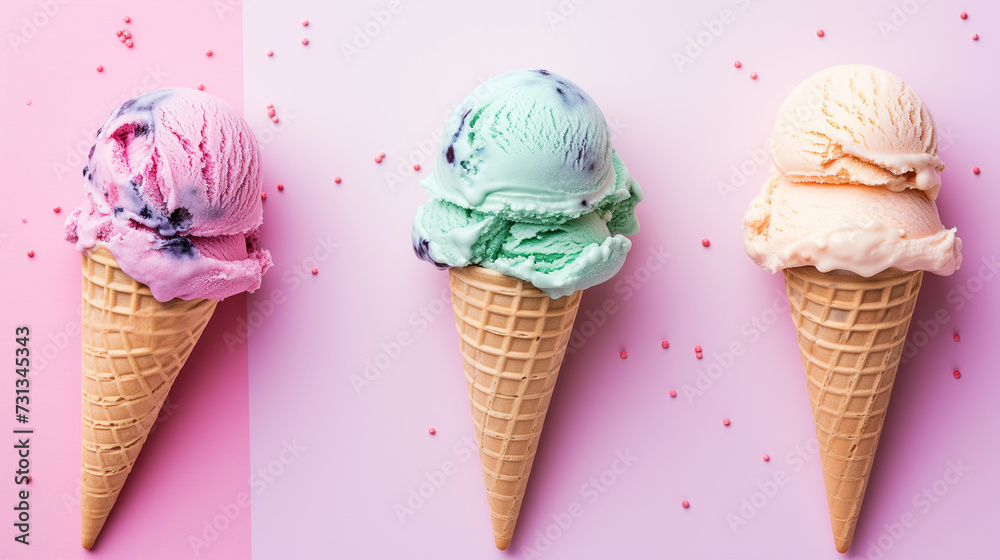 Beautiful, fruity icecream in a cone; colorful purple/pink background, summer colors Beautiful, fruity icecream in a cone; colorful purple/pink background, summer colors