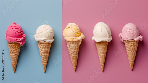 Beautiful, fruity icecream in a cone; colorful purple/pink background, summer colors