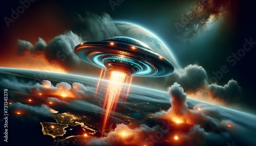 an alien spaceship flies in the sky above clouds and stars