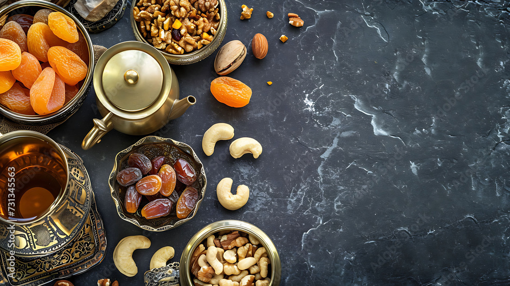 Top view of Ramadan Kareem Islamic greeting card with lantern, dried dates, nuts, cup of tea Top view of Ramadan Kareem Islamic greeting card with lantern, dried dates, nuts, cup of tea