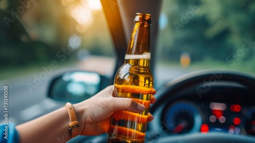 Reckless driving concept woman operating vehicle under the influence with beer bottle in hand