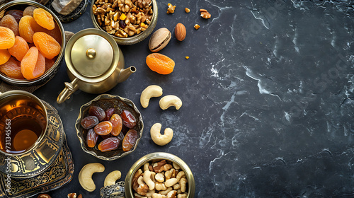 Top view of Ramadan Kareem Islamic greeting card with lantern, dried dates, nuts, cup of tea