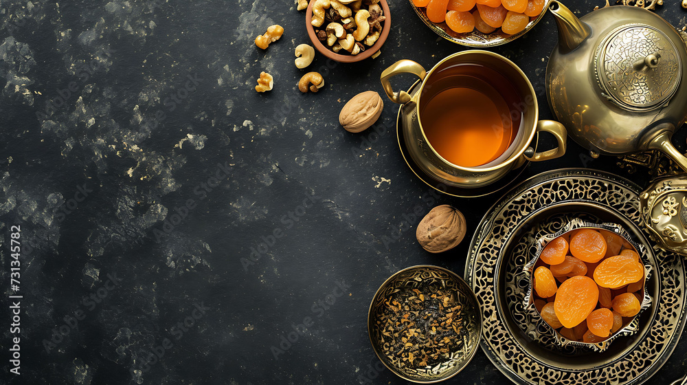 Top view of Ramadan Kareem Islamic greeting card with lantern, dried dates, nuts, cup of tea Top view of Ramadan Kareem Islamic greeting card with lantern, dried dates, nuts, cup of tea