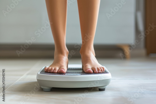 Female bare feet standing on digital electronic weight scale at home. Generative AI