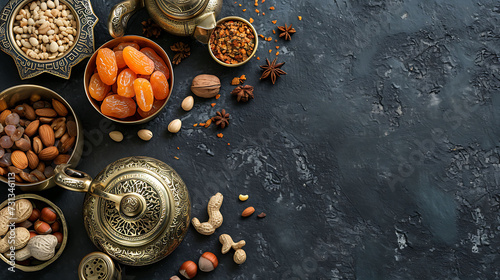 Top view of Ramadan Kareem Islamic greeting card with lantern, dried dates, nuts, cup of tea © Uzair