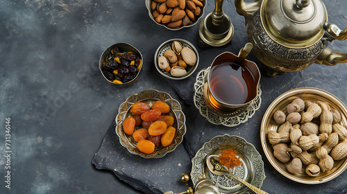 Top view of Ramadan Kareem Islamic greeting card with lantern, dried dates, nuts, cup of tea