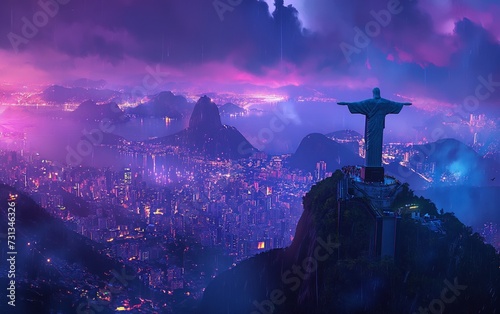 Christ the Redeemer in Rio de Janeiro, standing tall over a city pulsing with neon life