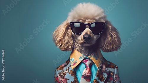 Fashionable looking poodle wearing stylish and colorful suit with flowers, black sunglasses in floral theme. Isolated on green background with copy space area that can place a text. © Annemarie