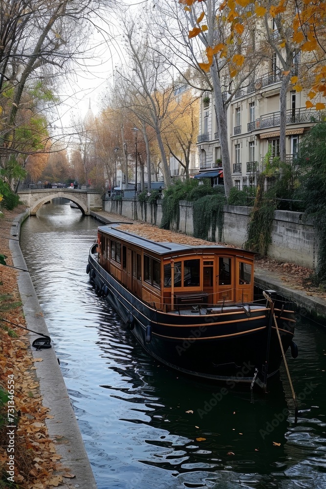 An old boat in the city canal on the water