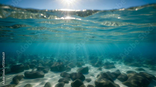 Sunlight shining through the surface of the blue ocean  sea  with dark waters and sandy seabed below.