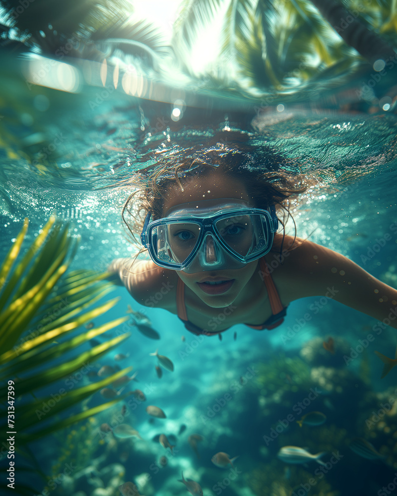 Naklejka premium girl is Underwater Exploration in Summer Bliss, Woman Snorkeling Near the Beach on Sunny Holiday