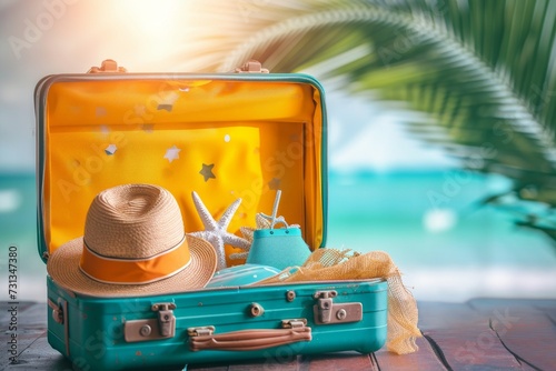 An open suitcase with things on vacation. The concept of travel time photo