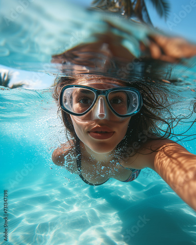 girl is Underwater Exploration in Summer Bliss, Woman Snorkeling Near the Beach on Sunny Holiday