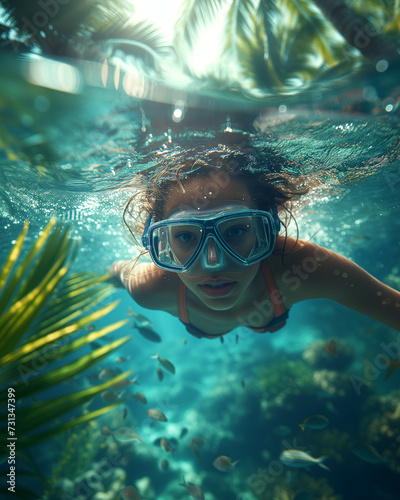 girl is Underwater Exploration in Summer Bliss, Woman Snorkeling Near the Beach on Sunny Holiday