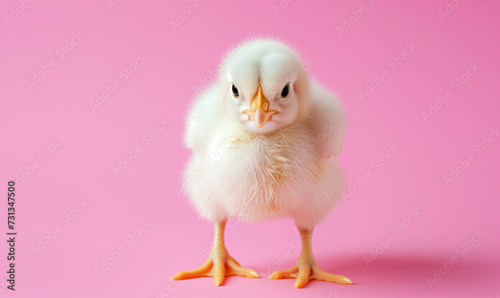 Easter chicken on pink background, easter postcard
