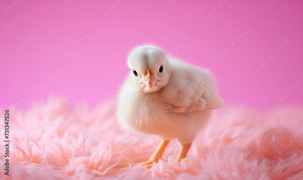 Easter chicken on pink background, easter postcard