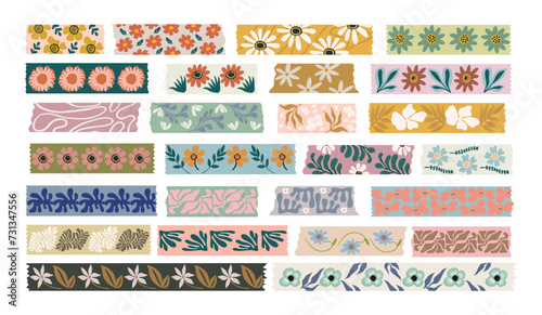 Washi tapes flowers collection. Colorful scrapbook stripes, sticky label tags and decorative scotch strip with floral abstract elements. Vector colorful illustration on transparent background. 