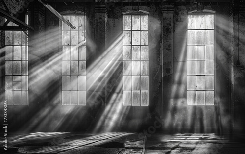 Raios de sol brilhando através das janelas da fábrica, fotografias dramáticas em preto e branco photo