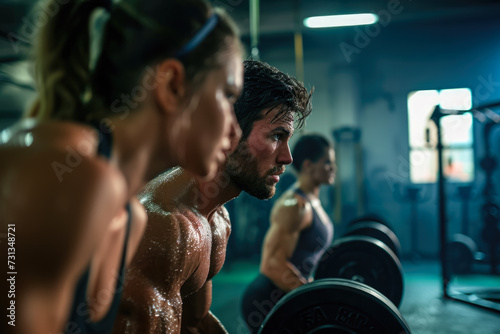 man and a woman lifting weights at the gym, with sweat glistening on their foreheads