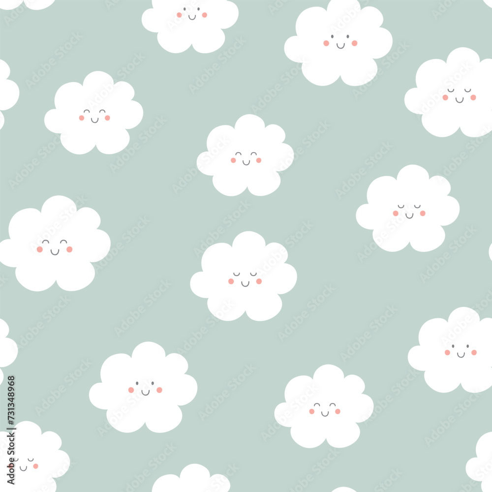 Seamless pattern with cute clouds. Background for kids. Vector illustration. It can be used for wallpapers, wrapping, cards, patterns for clothes and other.