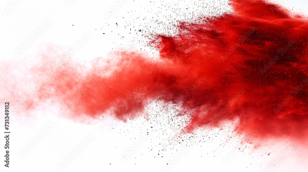 Fiery red powder explodes in a captivating display against a pristine white backdrop, captivating viewers with its vibrant energy and dynamic motion. This stunning high-speed photograph capt