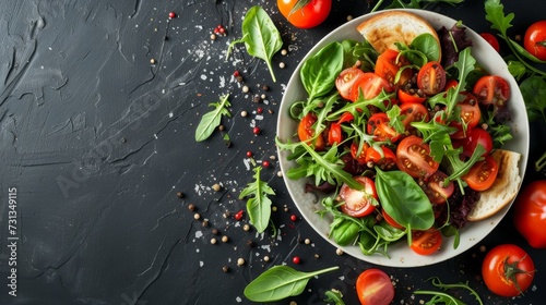 Bright cherry tomatoes and mixed greens salad garnished with pepper and salt on a dark surface.