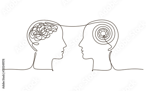 Two humans heads silhouette therapist and patient continuous one line symbol drawing. Mental health. Psychotherapy session concept. Doodle style vector illustration with editable stroke