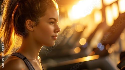 Young woman in a contemplative state during a calm fitness session as the sun sets, highlighting her profile.