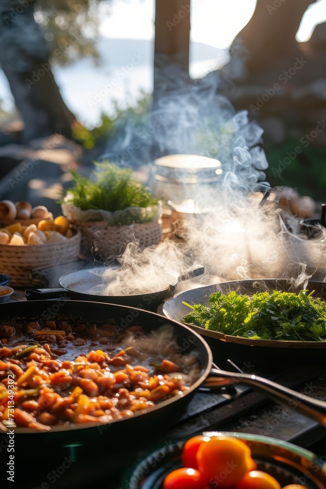 Steam rises from a sizzling pan during an outdoor cooking session with fresh ingredients on a sunny day. Steam rises from a sizzling pan during an outdoor cooking session with fresh ingredients on a sunny day.