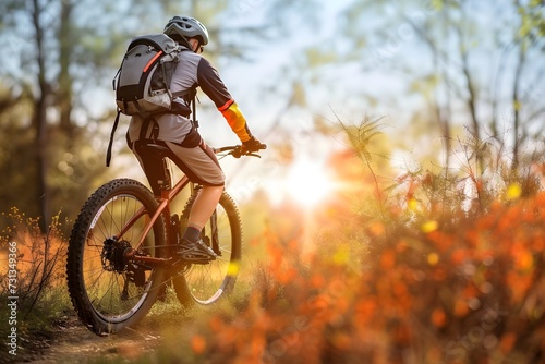 man with mountain bike on nature journey with helmet or safety gear and outdoor