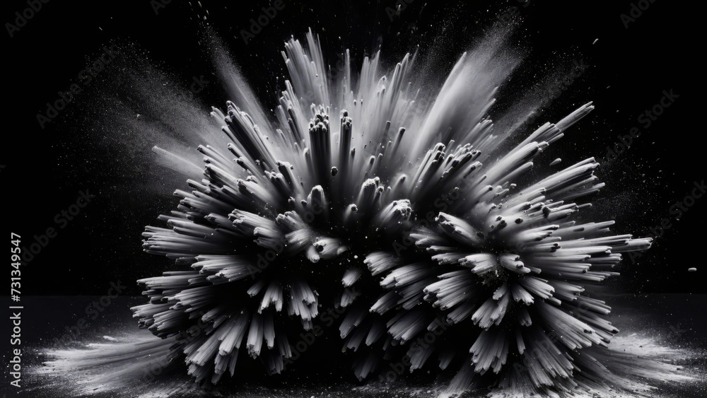 Fototapeta premium Charcoal Explosion: Abstract Black and White Powder Burst with Isolated Splatter - Dynamic Carbon Pattern, Explosive Design, and Dark Elegance for Templates, Wallpapers, and Backgrounds