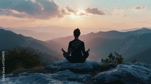 Individual meditating in a lotus pose on a mountain peak against a backdrop of a sunset sky.