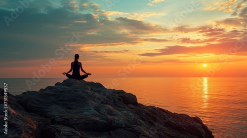 Silhouette of a person meditating in lotus pose on a cliff overlooking the sea at sunset.