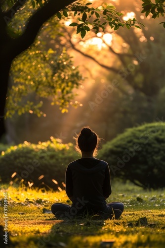 Peaceful meditation session in a lush park with the warm glow of sunrise filtering through trees.