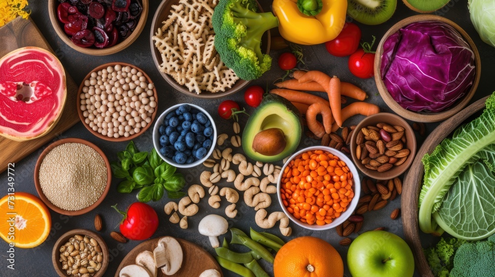 variety of fresh, healthy foods including fruits, vegetables, nuts, and grains neatly arranged on a dark surface variety of fresh, healthy foods including fruits, vegetables, nuts, and grains neatly arranged on a dark surface