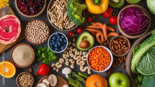 variety of fresh, healthy foods including fruits, vegetables, nuts, and grains neatly arranged on a dark surface