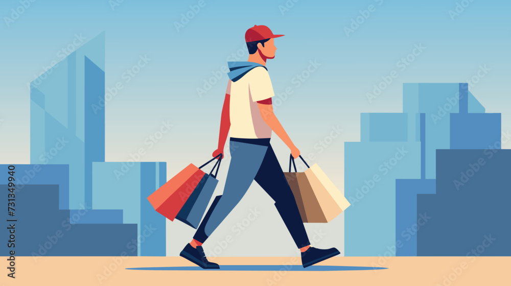 Man Walking Down Street Carrying Shopping Bags Man Walking Down Street Carrying Shopping Bags