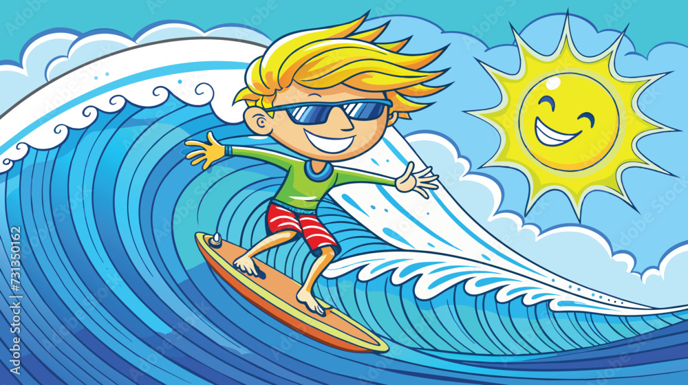Cartoon Boy Riding Wave on Surfboard Stock Vector | Adobe Stock