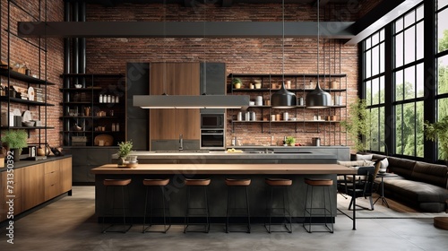 Warm Industrial Kitchen: Exposed Brick & Soft Textures for Cozy Urban Feel © VisualMarketplace