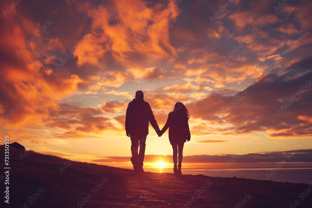 man and a woman walking hand in hand, with a beautiful sunset in the background man and a woman walking hand in hand, with a beautiful sunset in the background