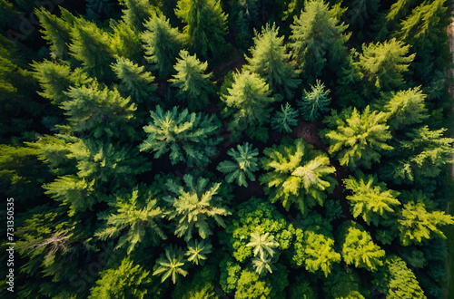 green pine forest aerial view in summer