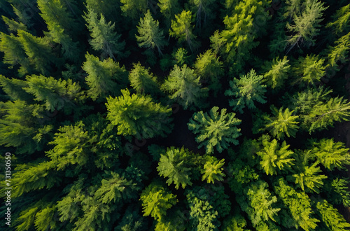 green pine forest aerial view in summer