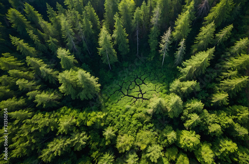 green pine forest aerial view in summer photo