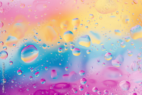 Abstract bright colorful background with oil drops of different sizes and shapes and variety waves on blurry colored gradient water surface, for your creative design