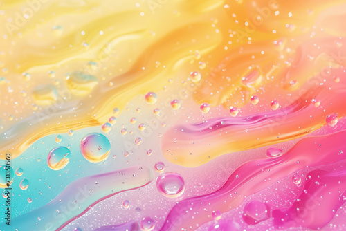Abstract bright colorful background with oil drops of different sizes and shapes and variety waves on blurry colored gradient water surface, for your creative design