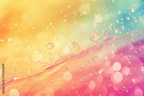 Abstract bright colorful background with oil drops of different sizes and shapes and variety waves on blurry colored gradient water surface, for your creative design