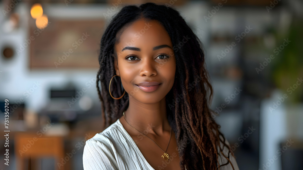 Portrait of a black skinned smiling business woman posing and looking at camera