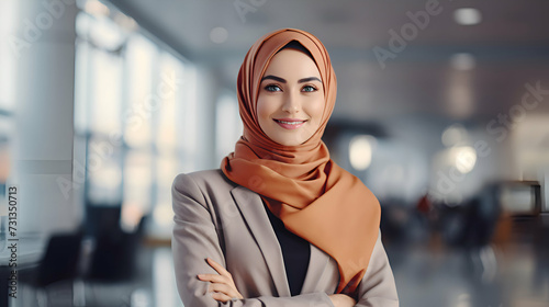 Portrait of a smiling business woman wearing hijab posing and looking at camera